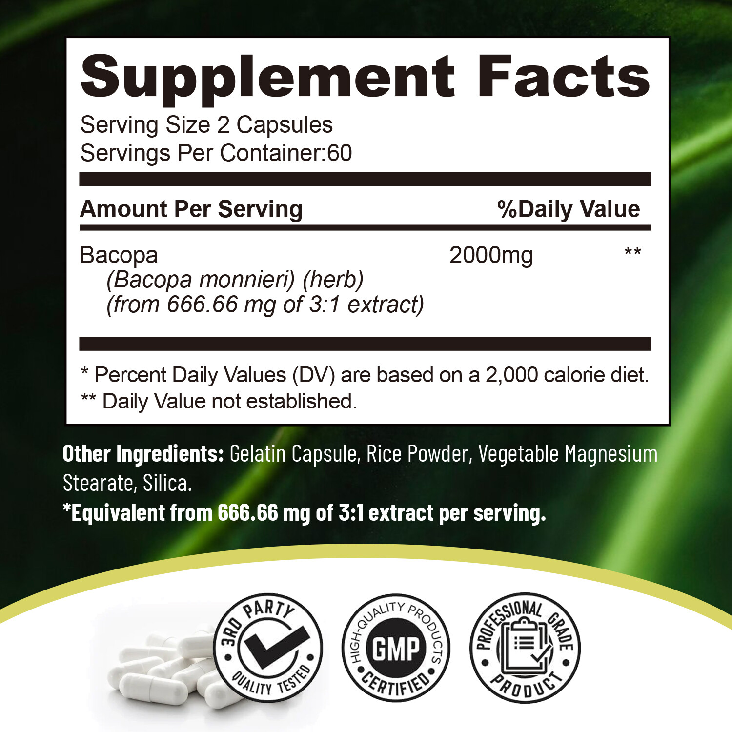 120pcs Bacopa Monnieri 2000mg – Memory Focus Boost Nootropic Brain Supplement
