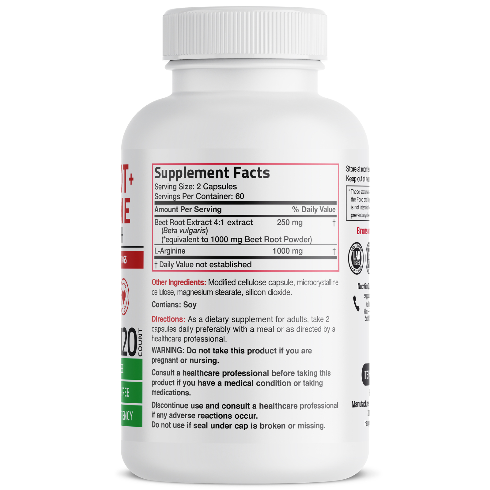 Bronson Beet Root + L-Arginine 2000 MG, 120 Vegetarian Capsules