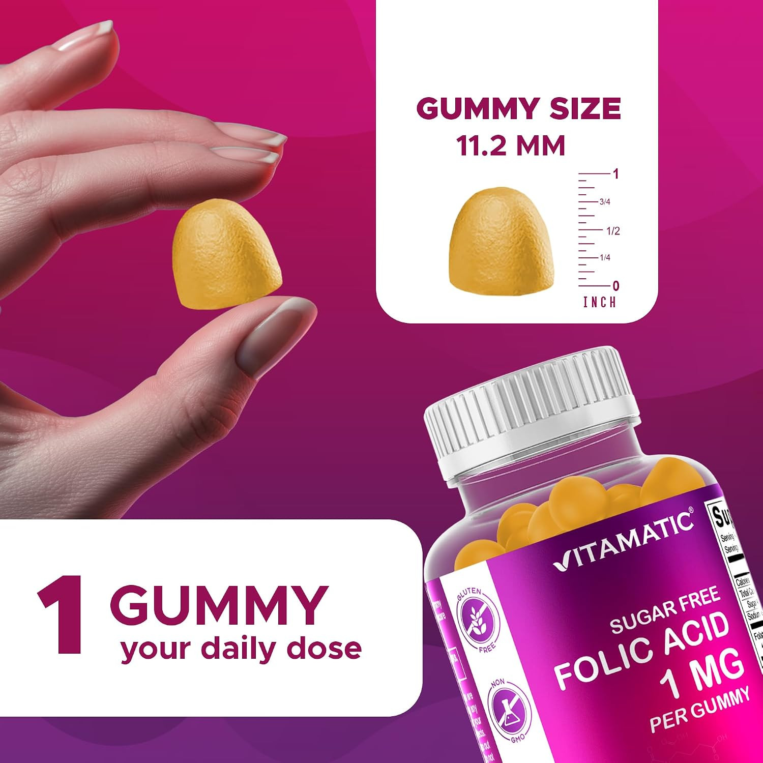 Vitamatic Sugar Free Folic Acid 1 mg Gummies 120 Count Orange Flavor | 1 mg Foli