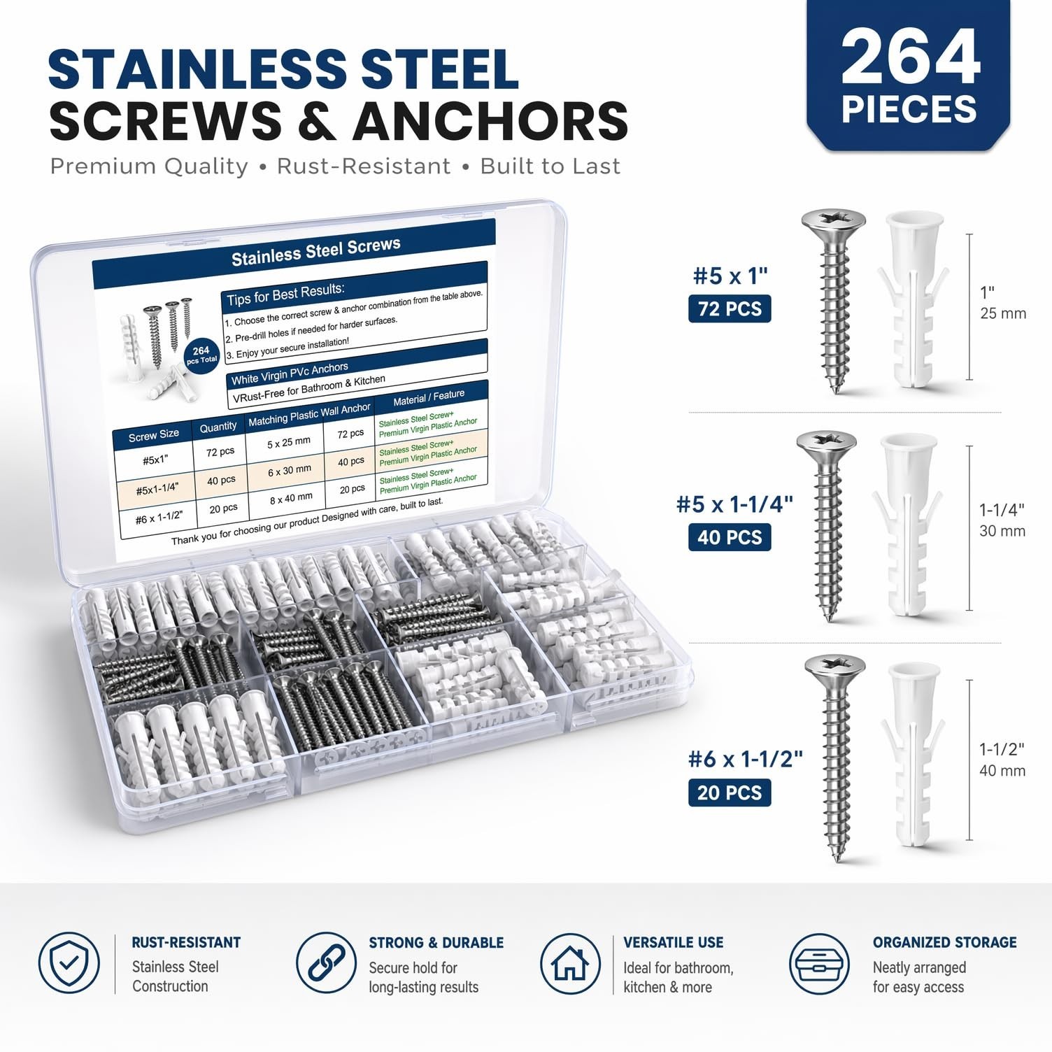 Drywall Anchors and Screws Kit – 264PCS Screws and Anchors for Wall, Drywa