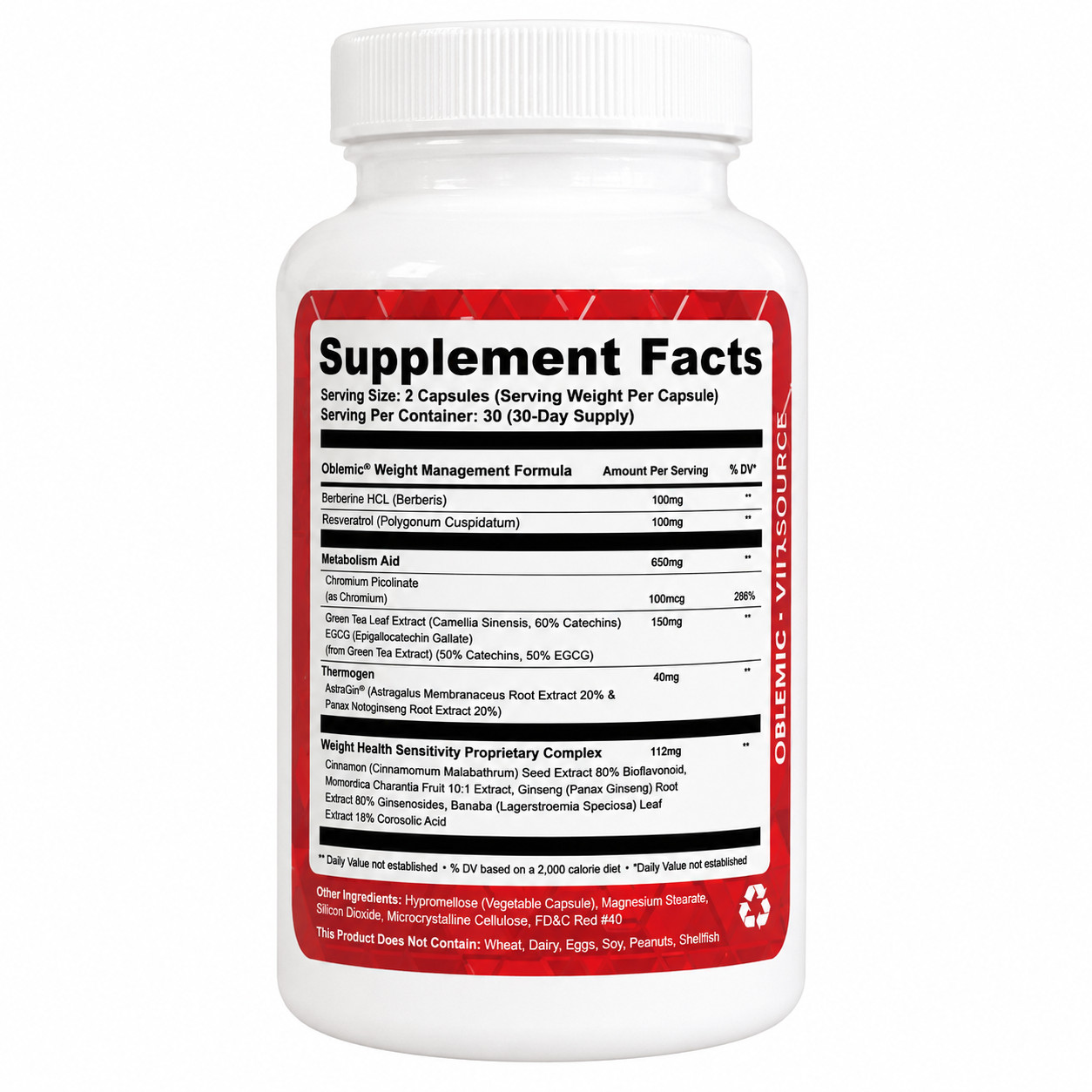 Vitasource Oblemic Weight Management Supplement 1000mg 60 Capsules | Free Ship