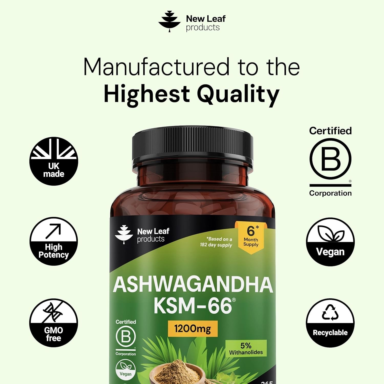 Ashwagandha KSM 66-365 (6 Months Supply) 1200mg Vegan Tablets