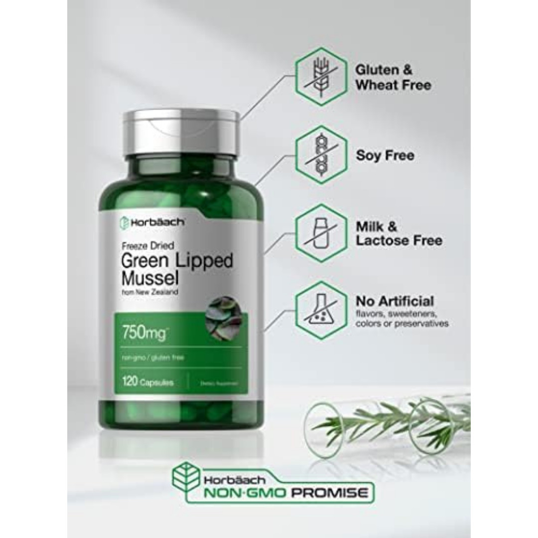 Green Lipped Mussel Capsules 750 mg | 120 Count | from New Zealand | by Horbaach