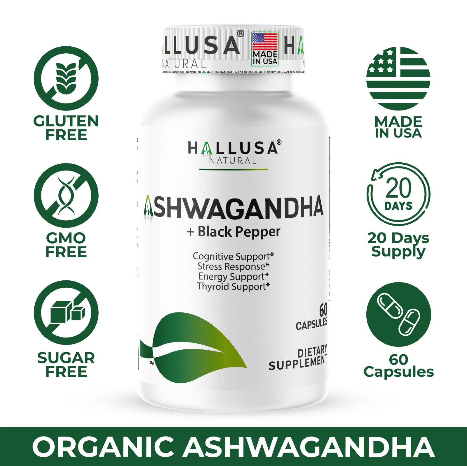 Organic Ashwangandha Root Extract with Black Pepper – Natural Supplement 60 CAP