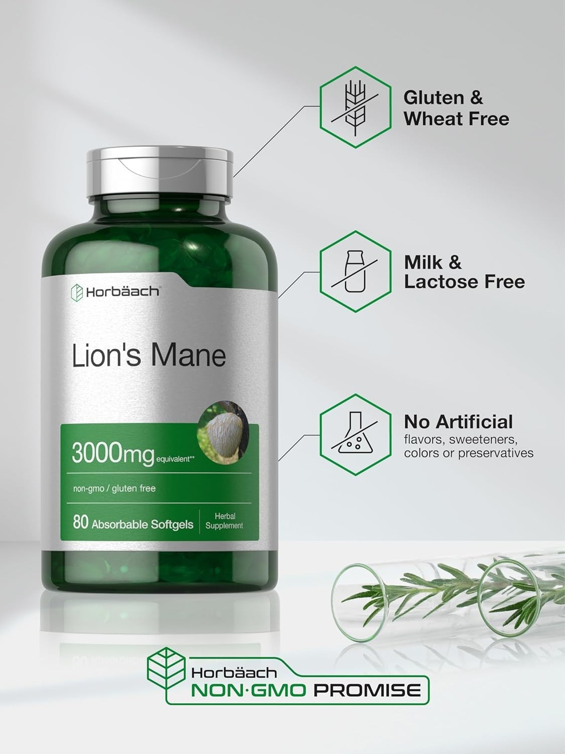 Lions Mane Mushroom 3000mg | 80 Softgels | Non-GMO & Gluten Free | by Horbaach