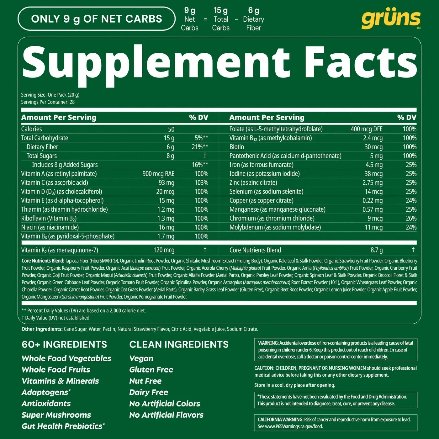 Gruns Adults Super Greens Gummies, Multivitamin Superfood Gummy Bears 28 Packs
