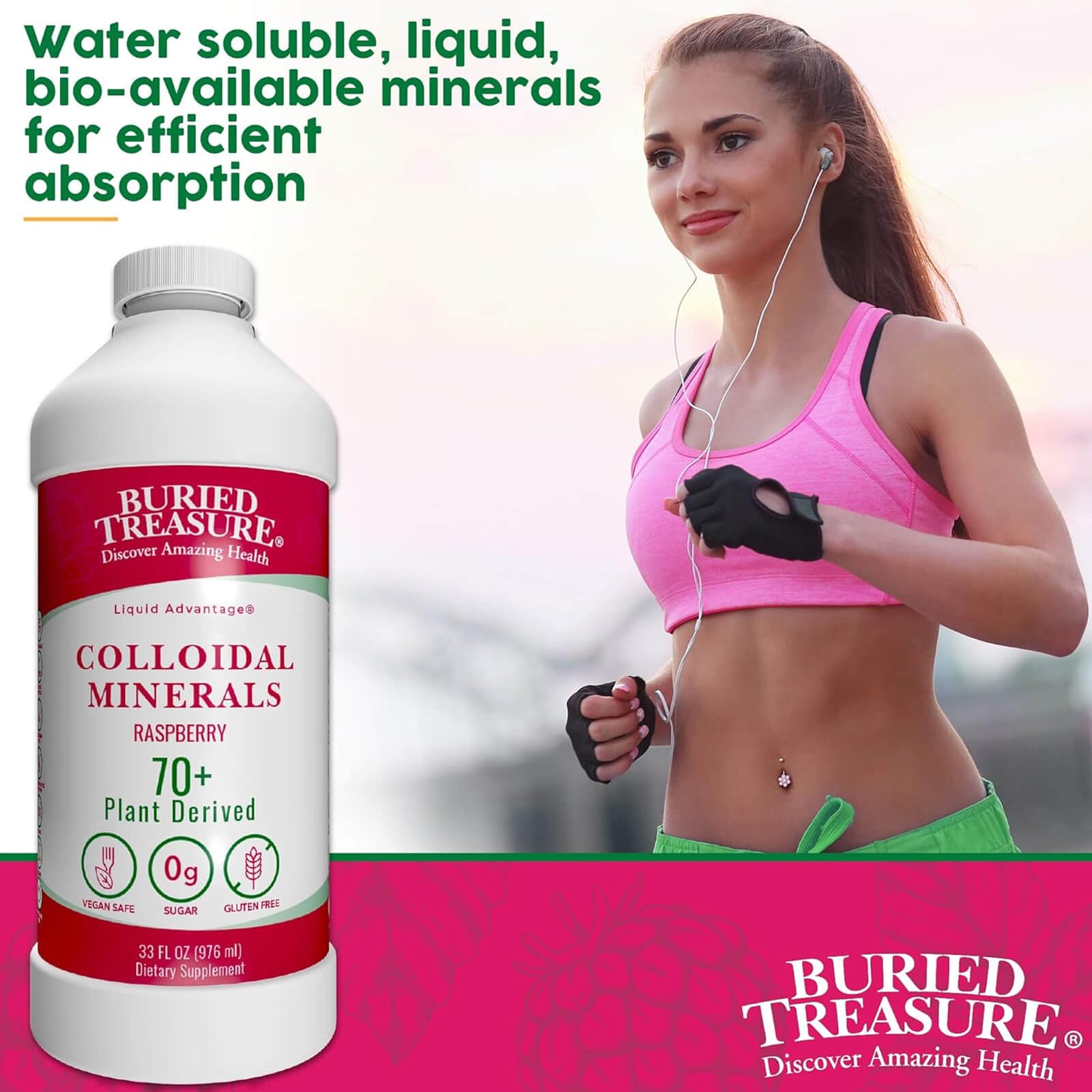 Buried Treasure Raspberry Minerals 32 oz, 0g sugar, Plant Derived