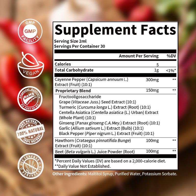 1-5x Cayenne Pepper Drops Supplement Liquid + Grape Seed, Turmeric, Ginseng 60ml