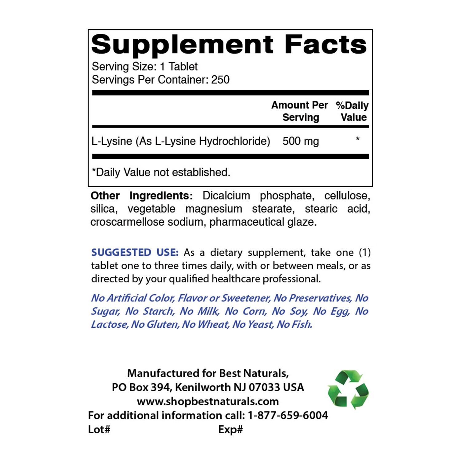 Best Naturals L-Lysine 500 mg 250 Tablets
