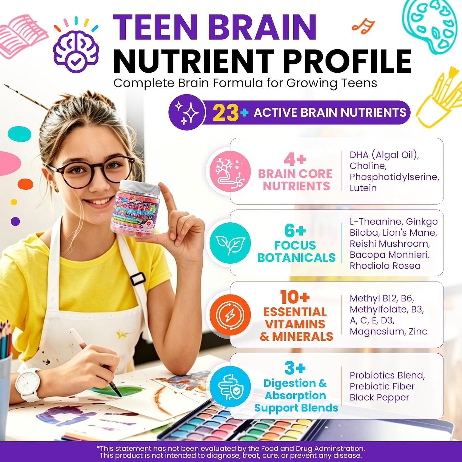 LILICARE Teen Brain Focus Gummies with Omega-3 DHA, Lion’s Mane Mushroom, PS
