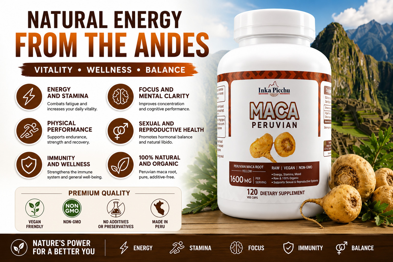 Maca Root Capsules 120 Count 1600mg Per Serving Energy & Stamina Support