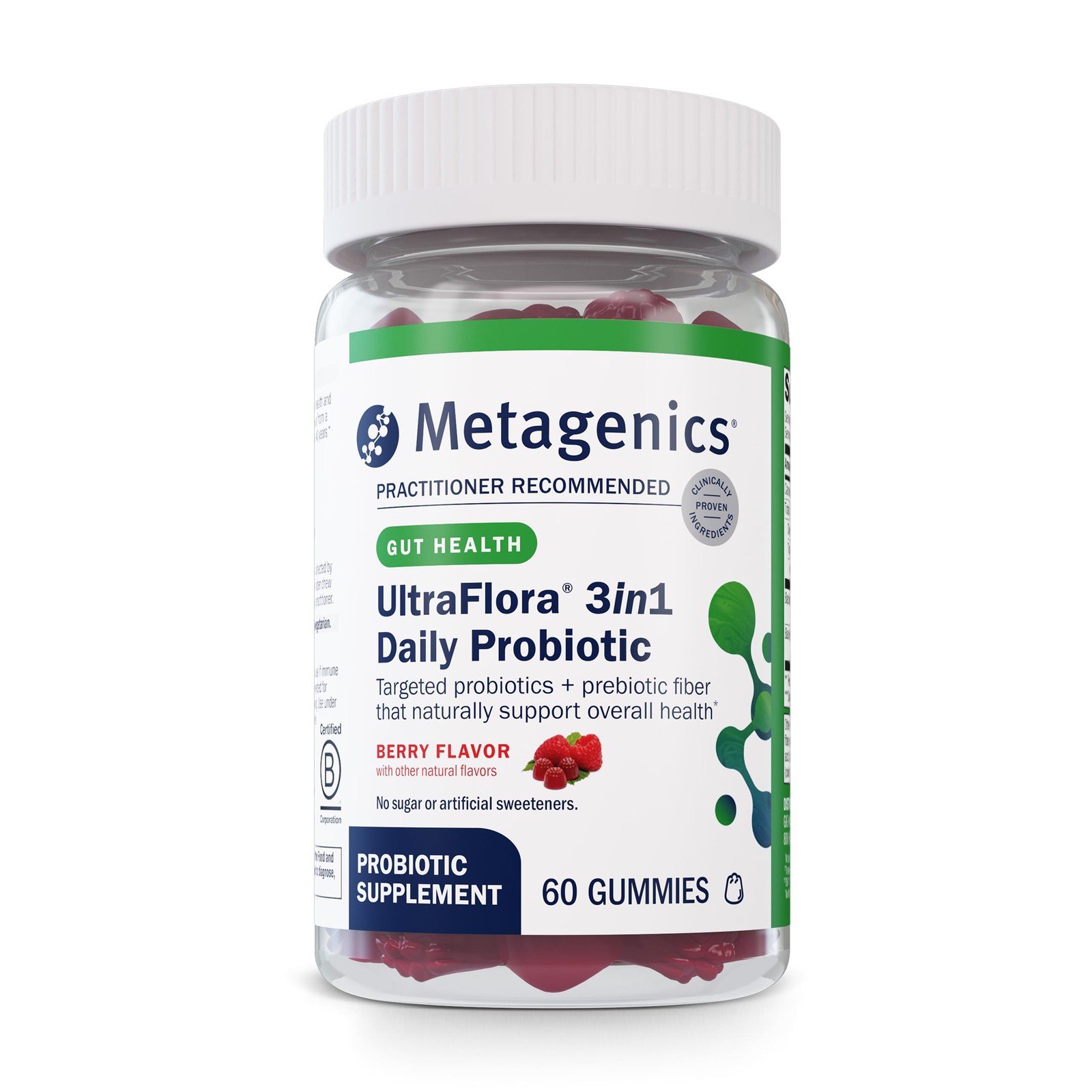 Probiotic Gummies 3 in 1 Daily Gut Health 60 Count Metagenics UltraFlora Adults
