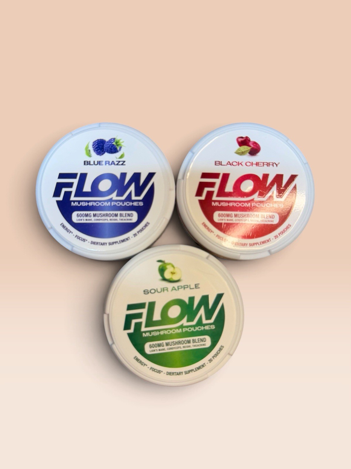 FLOW 600mg Mushroom Blend Energy & Focus Dietary Supplement 20 Pouches, Flavors