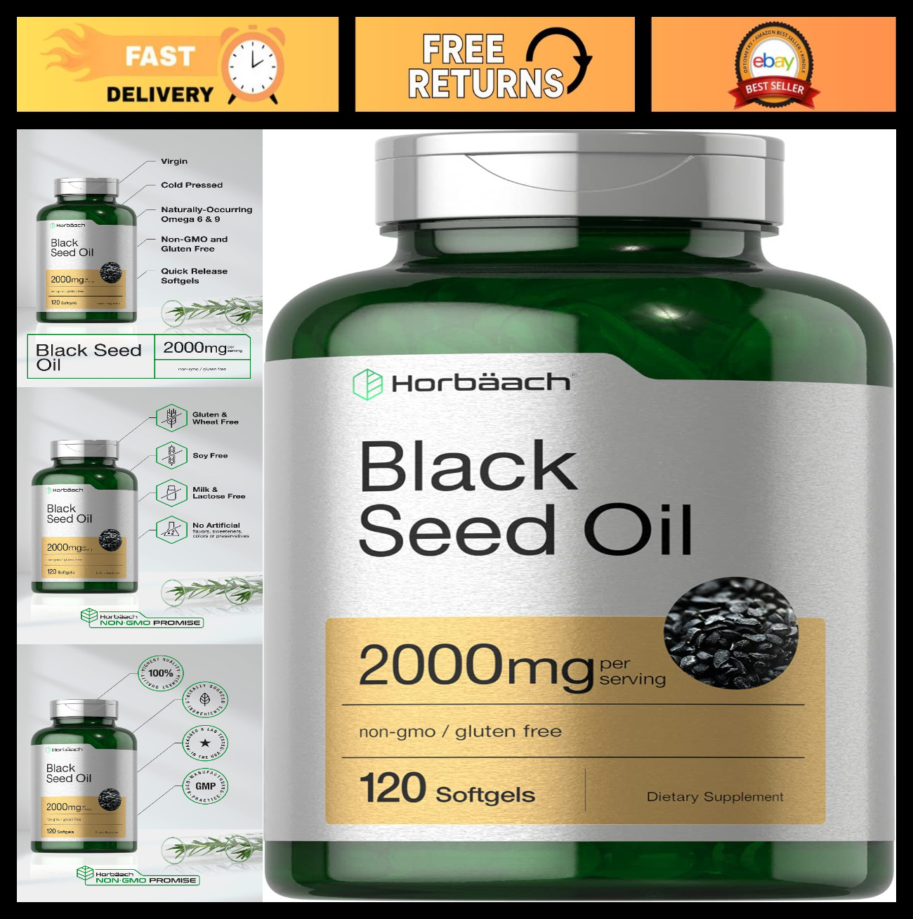 Cold Pressed Black Seed Oil Softgel Capsules 2000mg | 120 Count | Omega 6 & 9 |