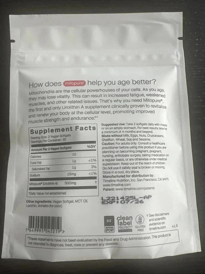 Time-Line Longevity Supplement Mitopure Urolithin A 60 Softgels 02/28