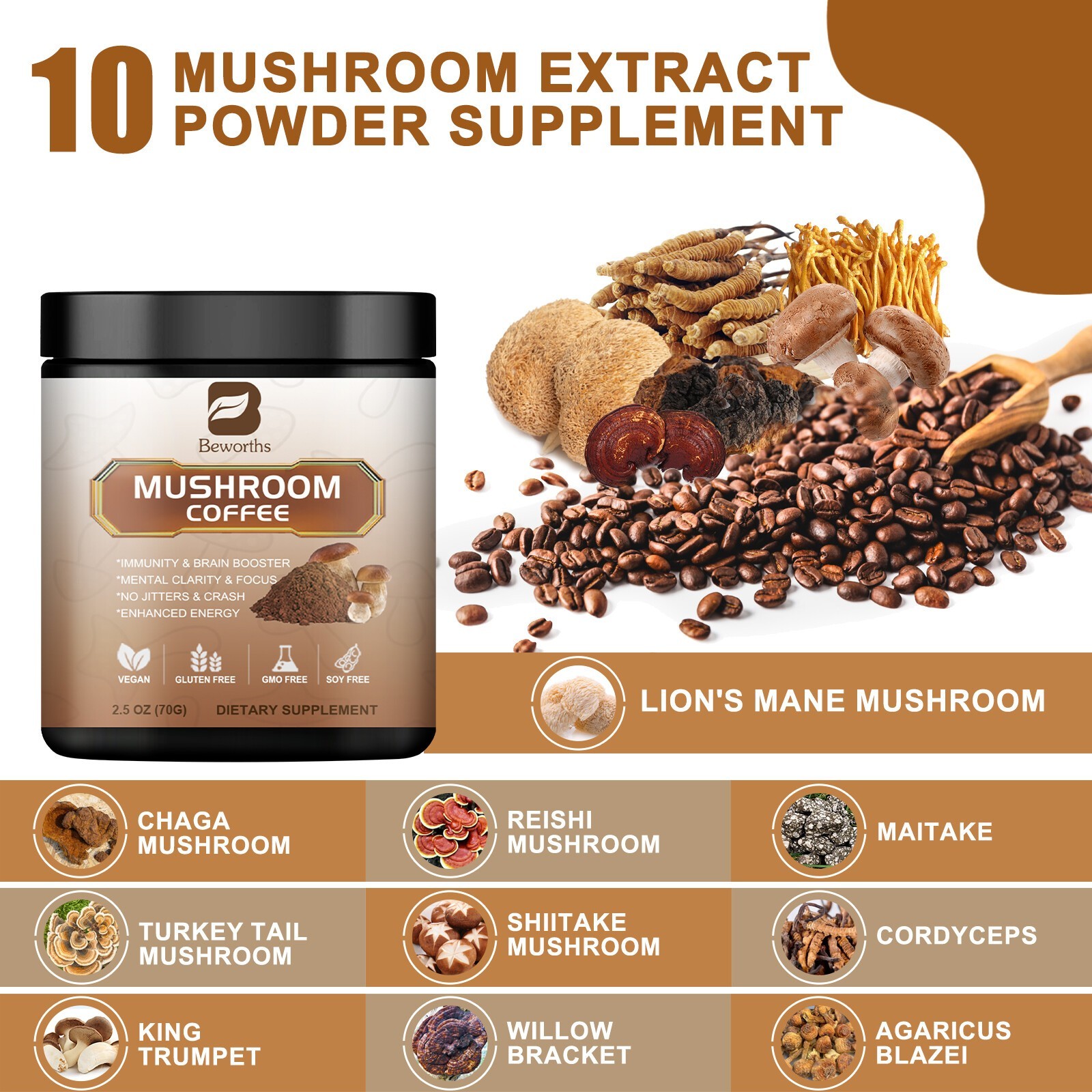 5Pack*70g10 Mushroom Coffee Instant Blend – Lion’s Mane, Cordyceps & Reishi