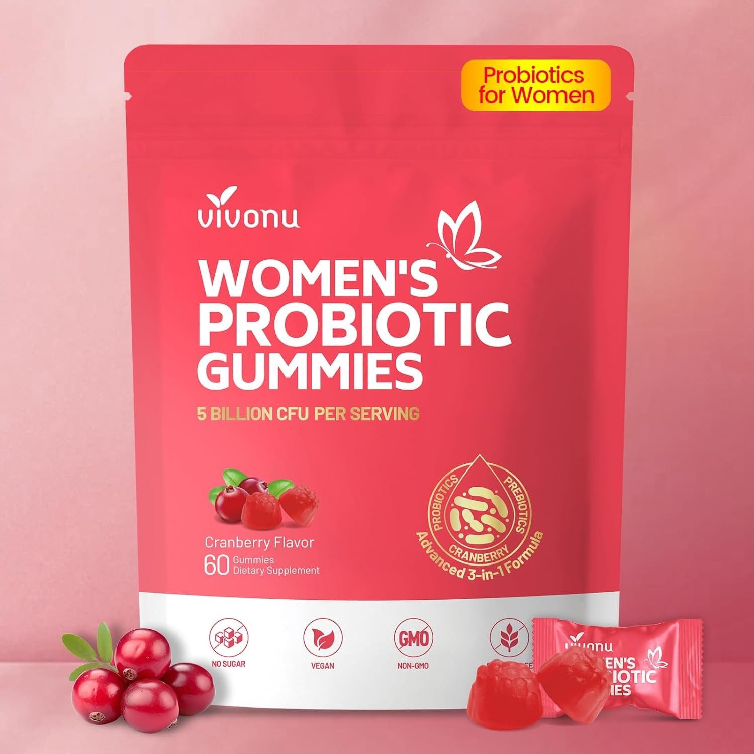 VivoNu Vaginal Probiotic Gummies Women pH Balance Yeast Flora Cranberry NEW US