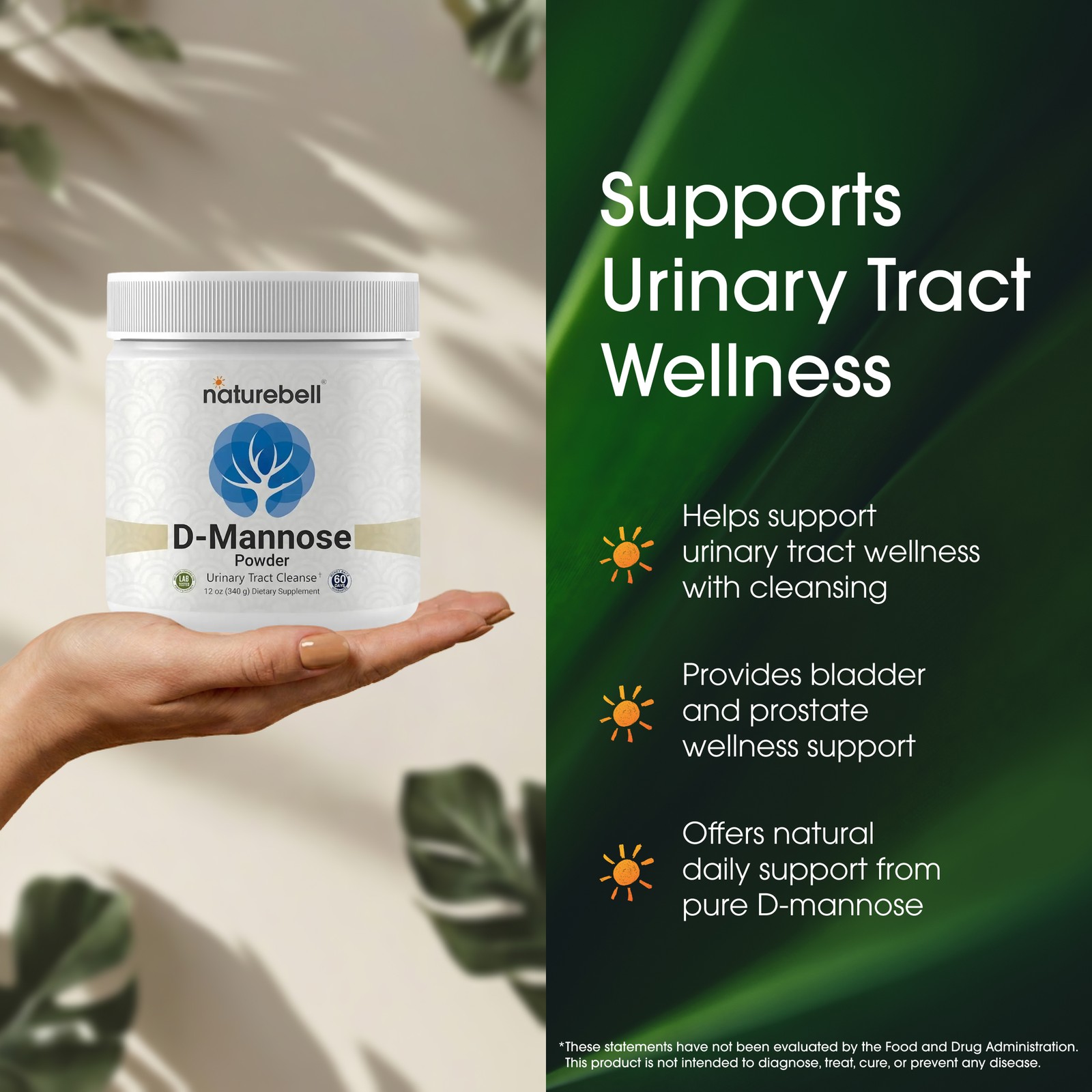 NatureBell D-Mannose Powder 12oz 2g Scoop Urinary Support – 170 Servings