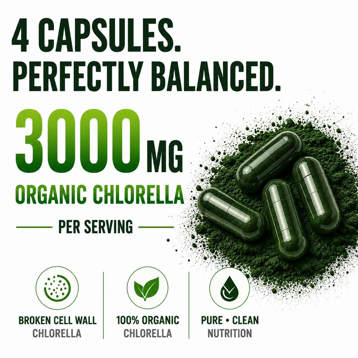 3000mg Chlorella Capsules – Cracked Cell Wall Blue Green Algae Detox Supplement,