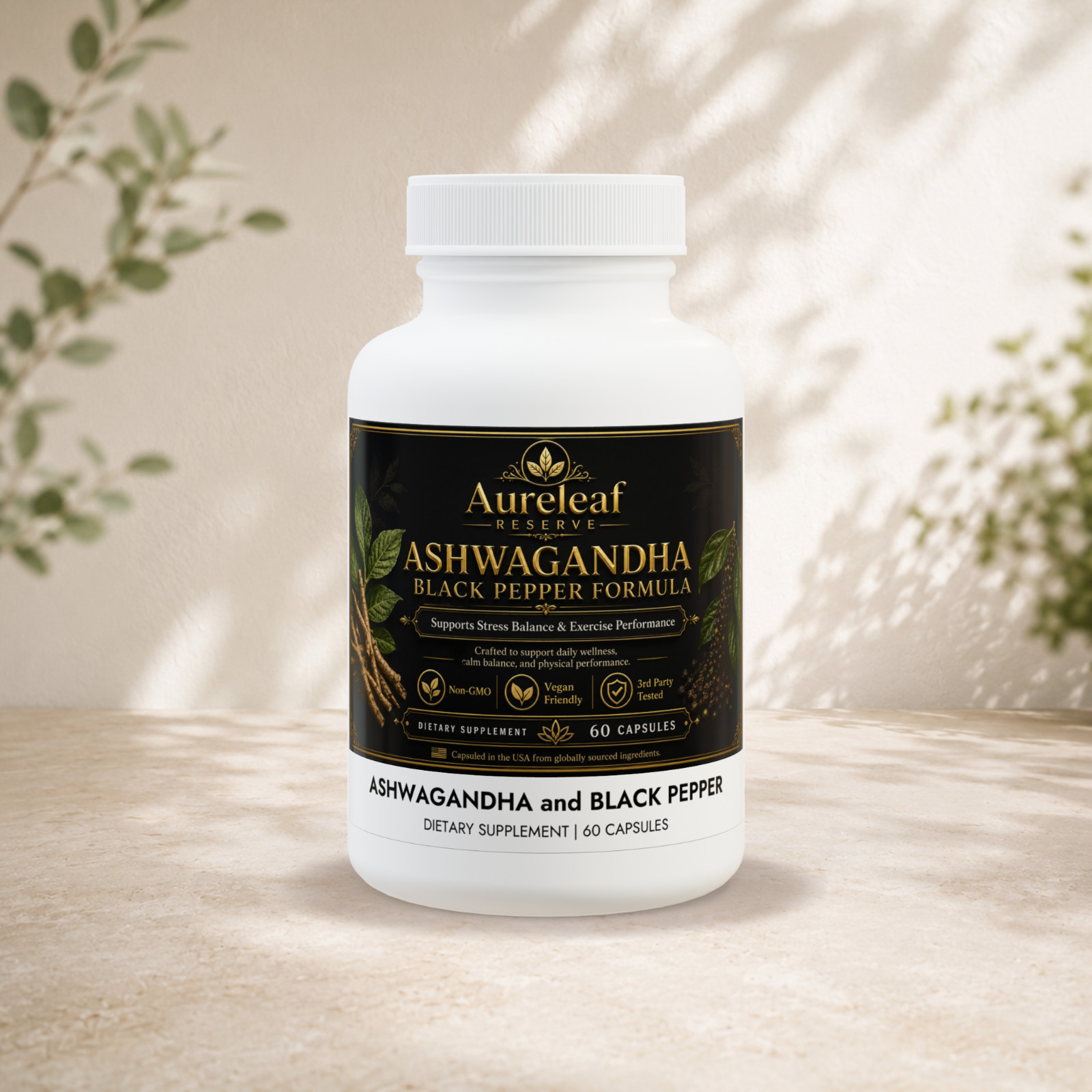 Ashwagandha Black Pepper Formula 60 Capsules Stress Support Vegan Non-GMO