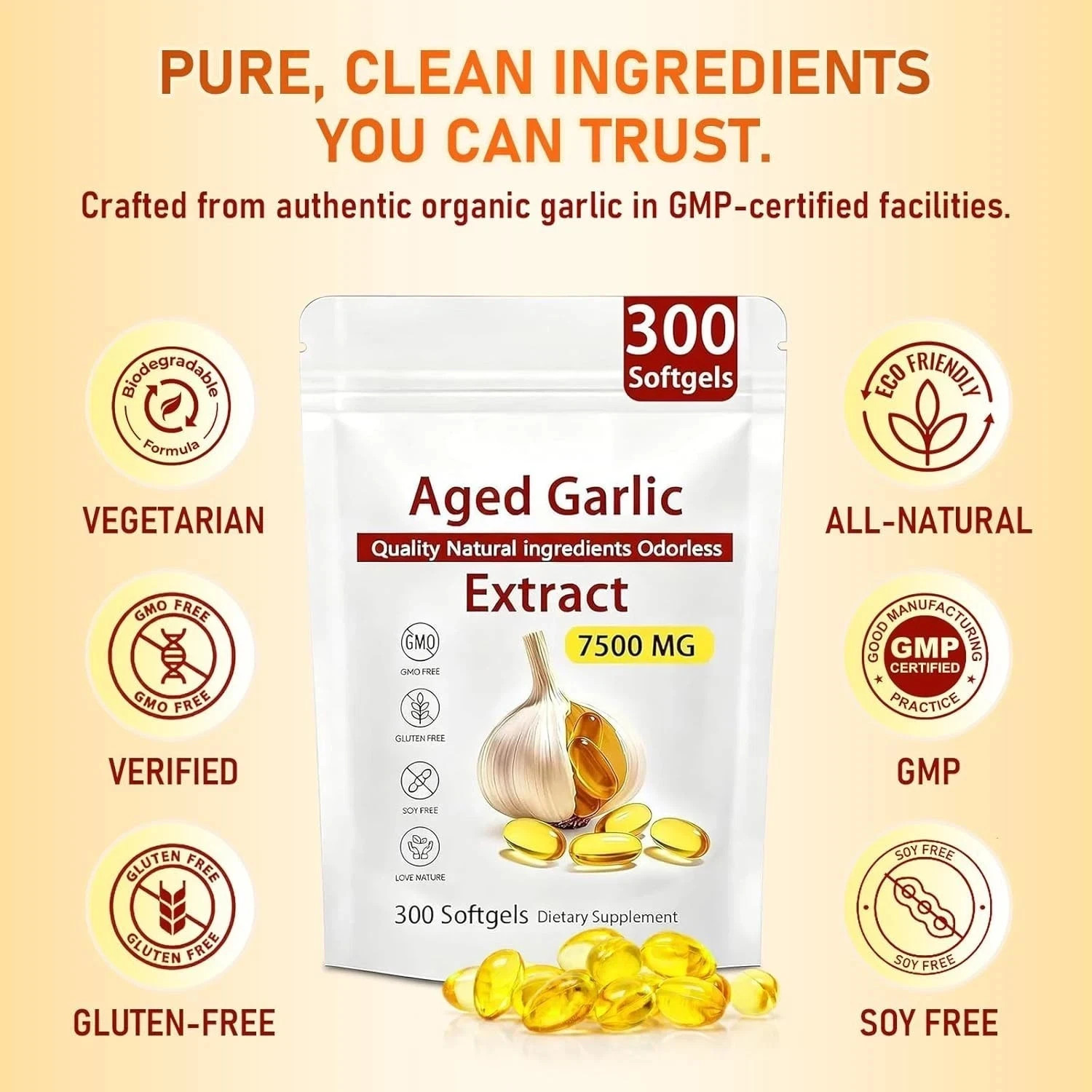 Odorless Garlic 7500mg Per Servings, 300 Softgels | 2 Years Aged Garlic Extra…