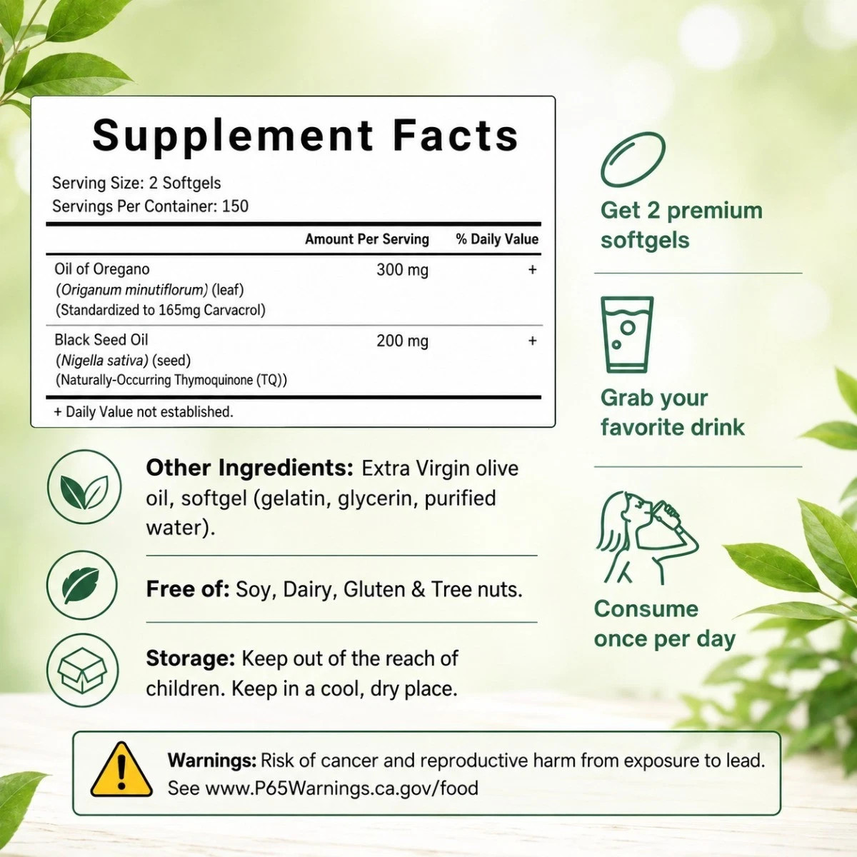 Oil of Oregano Capsules 6000mg With Black Seed Oil Immune Support 300 Softgels