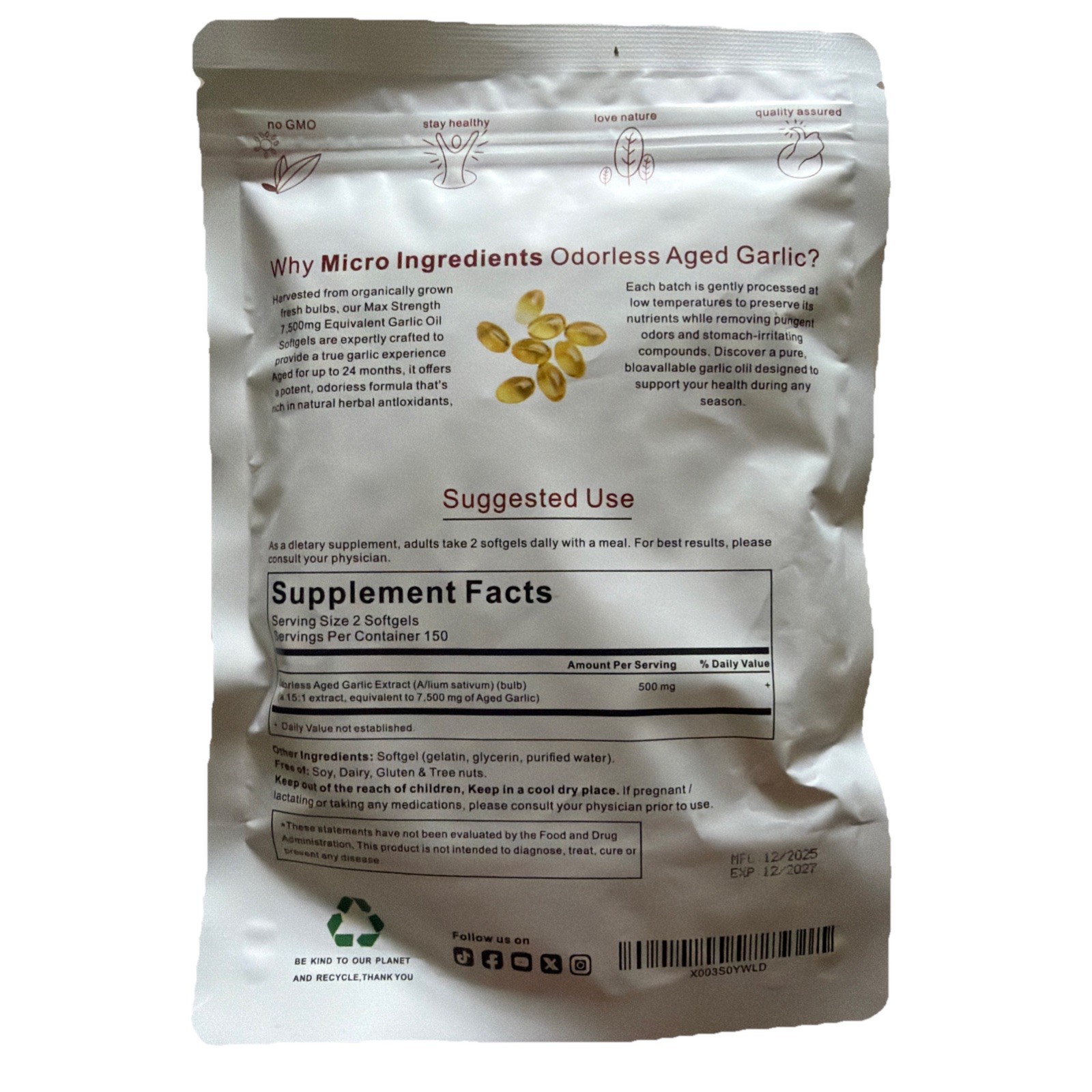 Odorless Garlic 7500mg Per Servings, 300 Softgels | 2 Years Aged Garlic Extra…