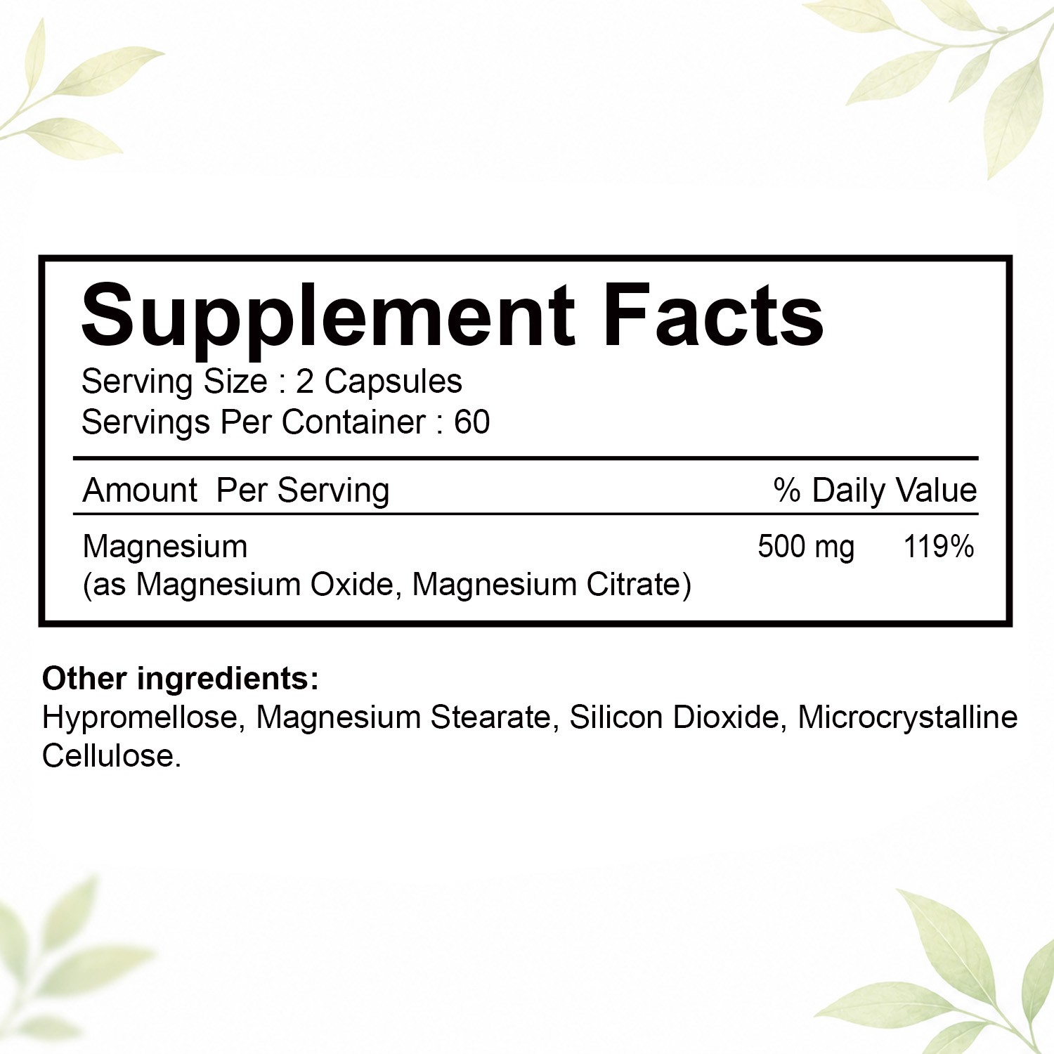 Magnesium Citrate Capsules 500mg Per Serving – Highest Potency 120 Capsules