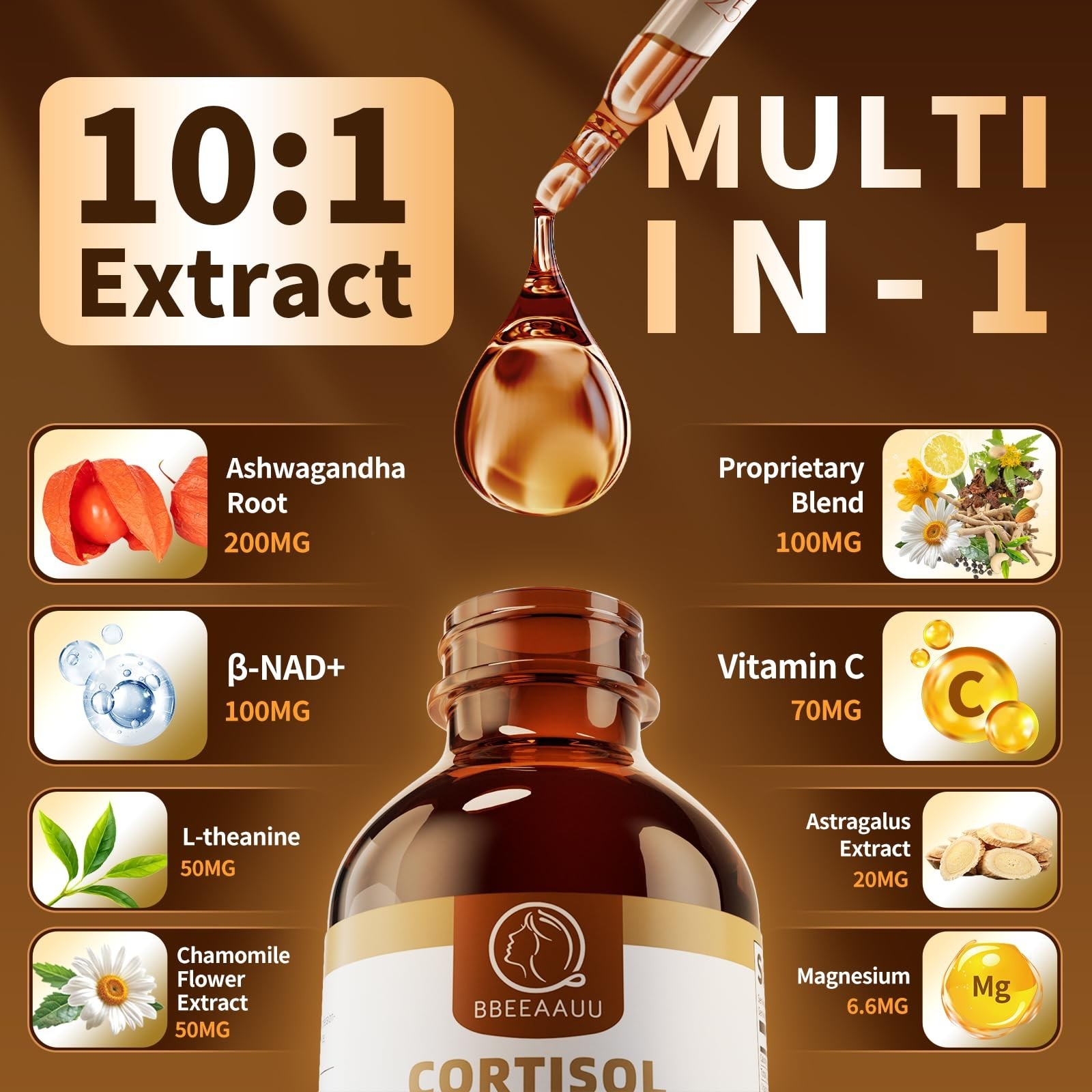 Cortisol Support Drops for Stress Relief, 200mg Ashwagandha & L-Theanine, 60ml
