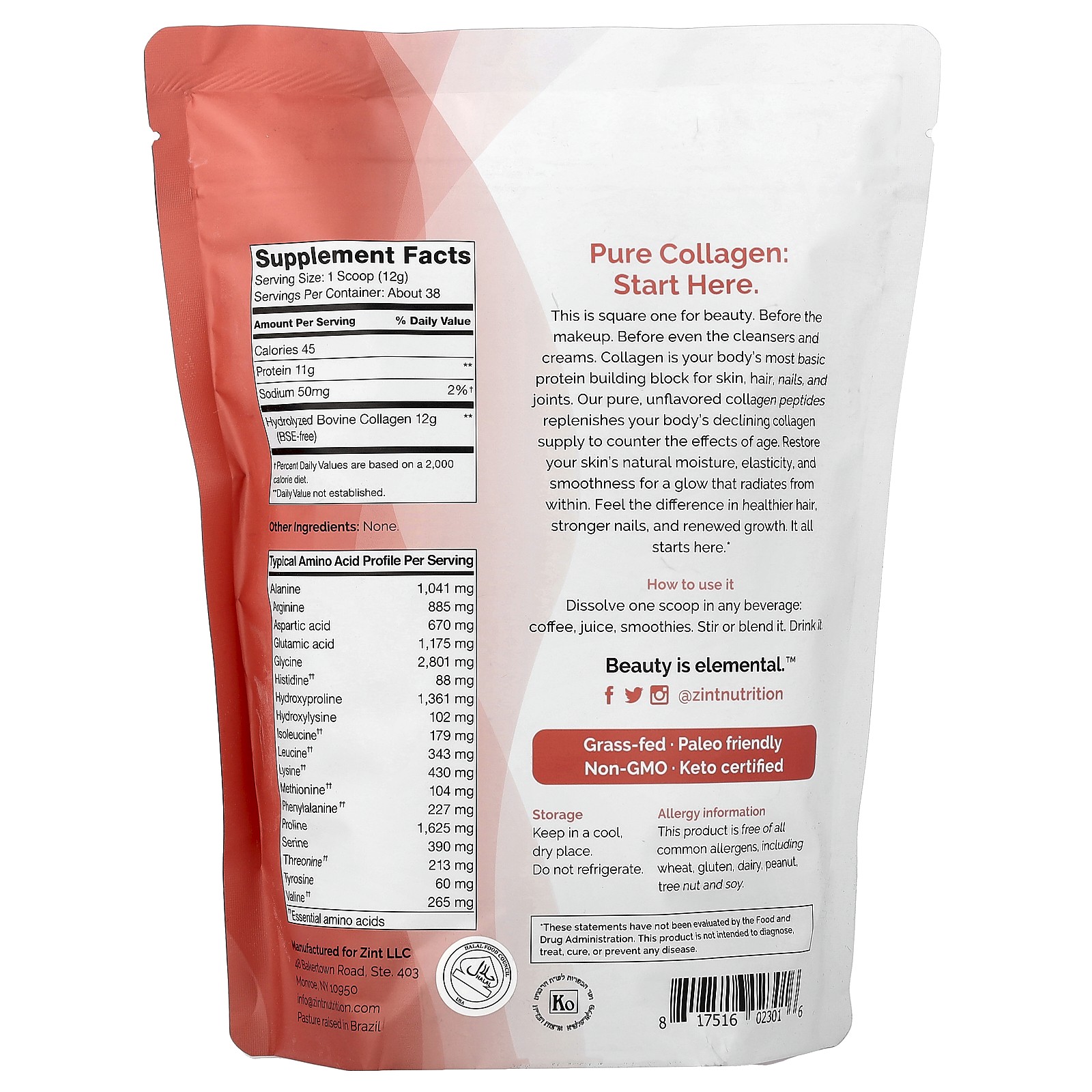 Zint Collagen Hydrolysate Pure Protein 16 oz 454 g Dairy-Free, Gluten-Free,