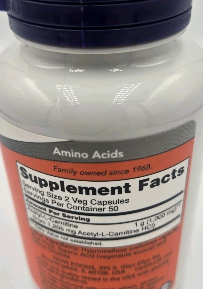 NOW Foods Acetyl-L-Carnitine 500mg 100 Caps Transports Fatty Acids EXP 07/2028
