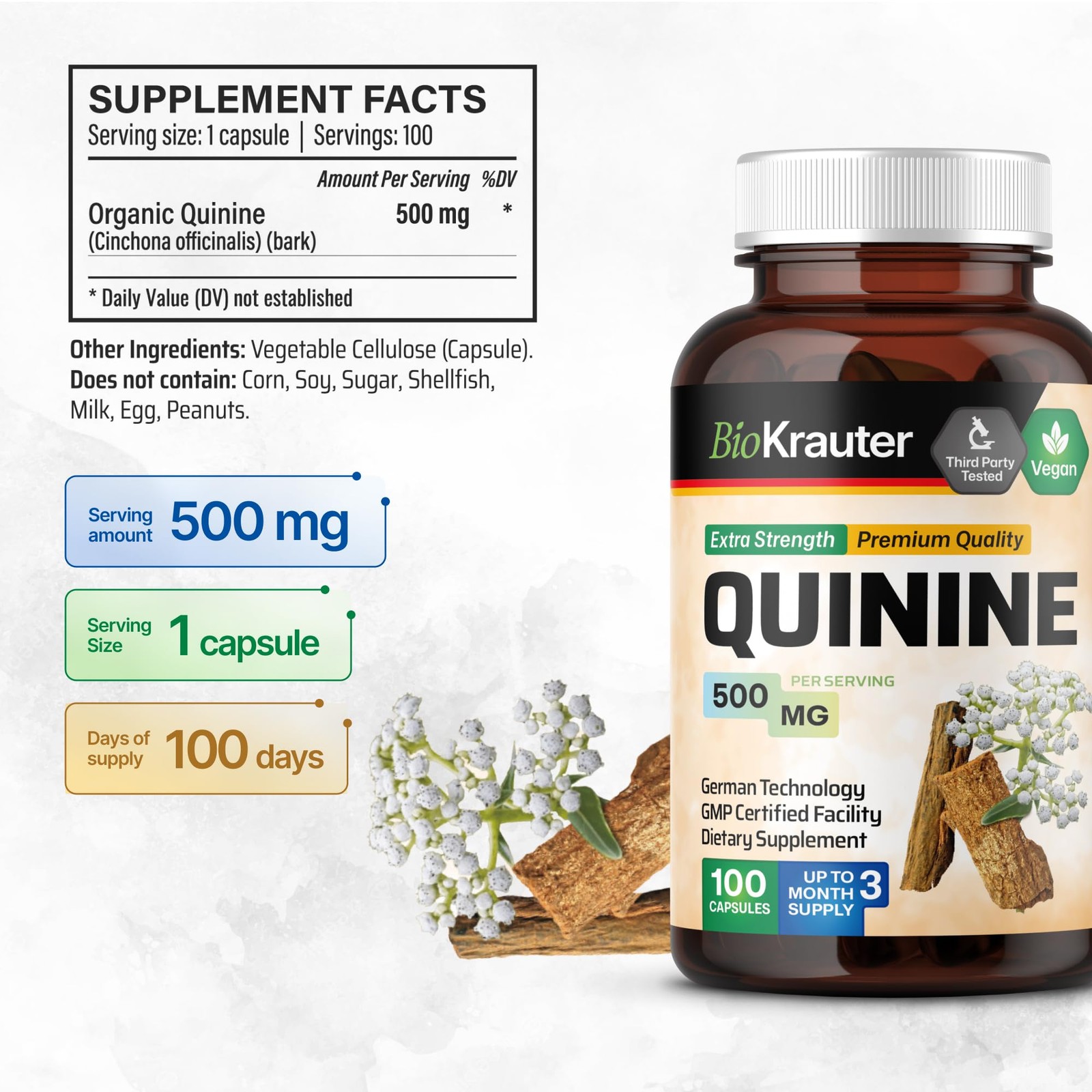 Bio Krauter Quinine For Leg Cramps Capsules 500 Mg – 100 Count – Cinchona Bark
