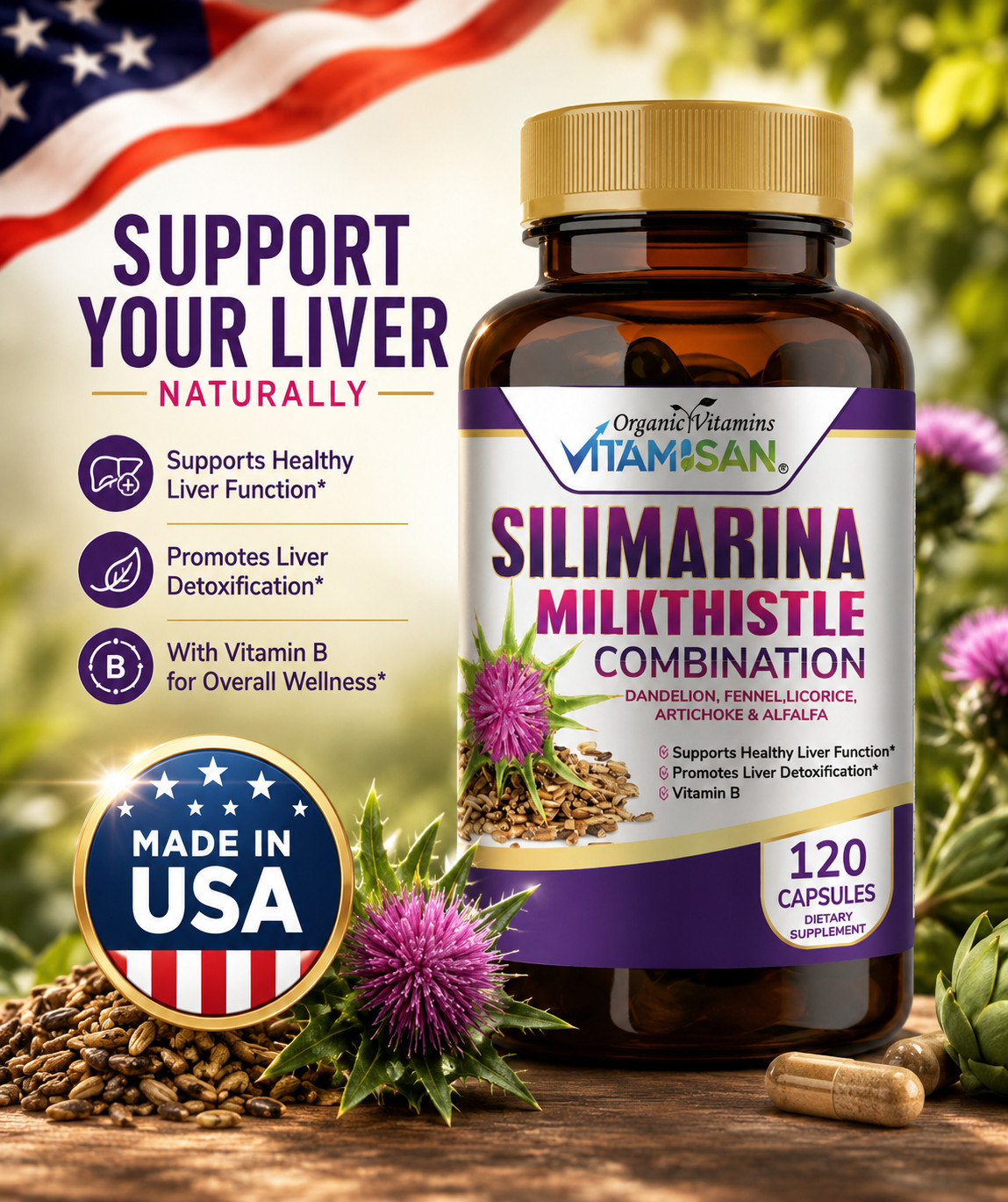 Organic Vitamins Milk Thistle Strenght 120 Caps Silymarin complex with B