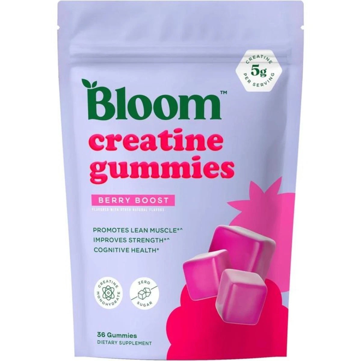 Bloom Sugar Free Creatine Gummies 10g Monohydrate for Strength,Berry,72 Gummies