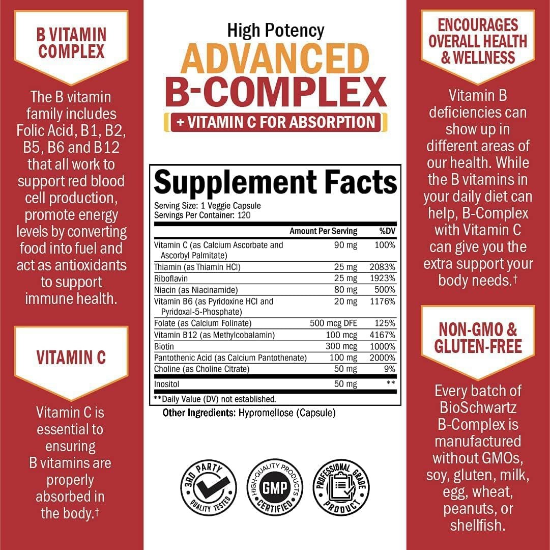 Vitamin B Complex with C for Maximum Absorption 120 Count (Pack of 1)