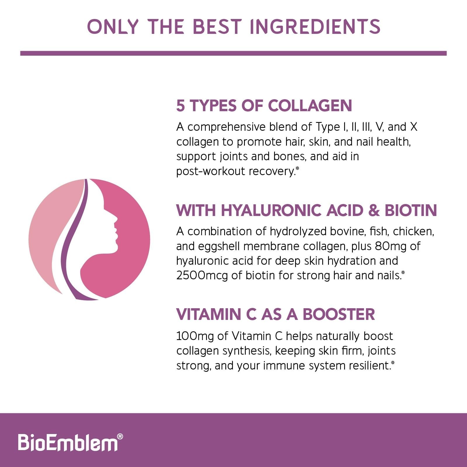 BioEmblem Beauty Collagen Multi Collagen Complex, 30 Servings | With Hyaluron…