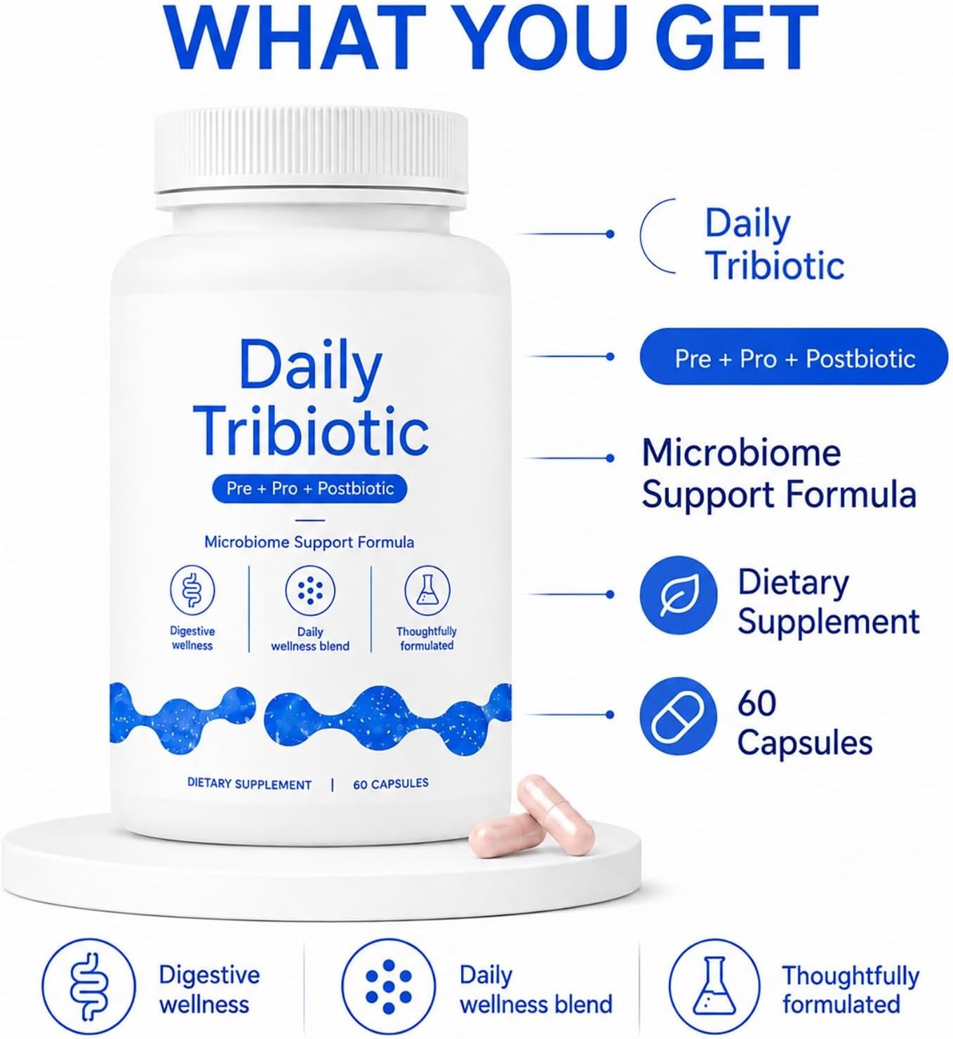 Daily Tribiotic Capsules, Probiotic, Prebiotic & Postbiotic Blend, 60 Count
