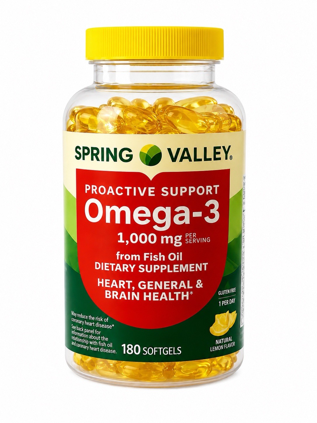 Spring Valley Omega-3 Fish Oil 1000mg 180 Softgels Lemon Flavor Exp 04/2027 New