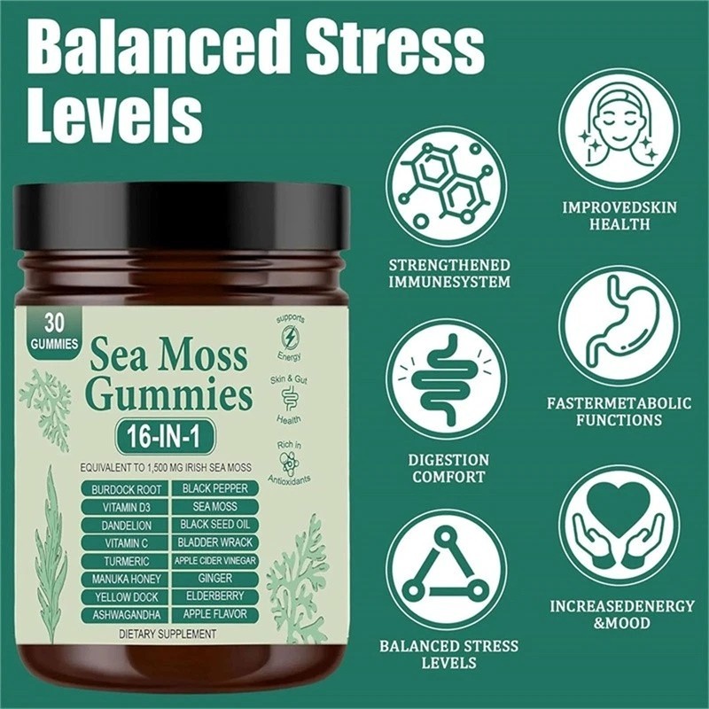 16 in 1 Organic Sea Moss Gummy Irishmoss Extract 6000Mg Green Apple Flavor