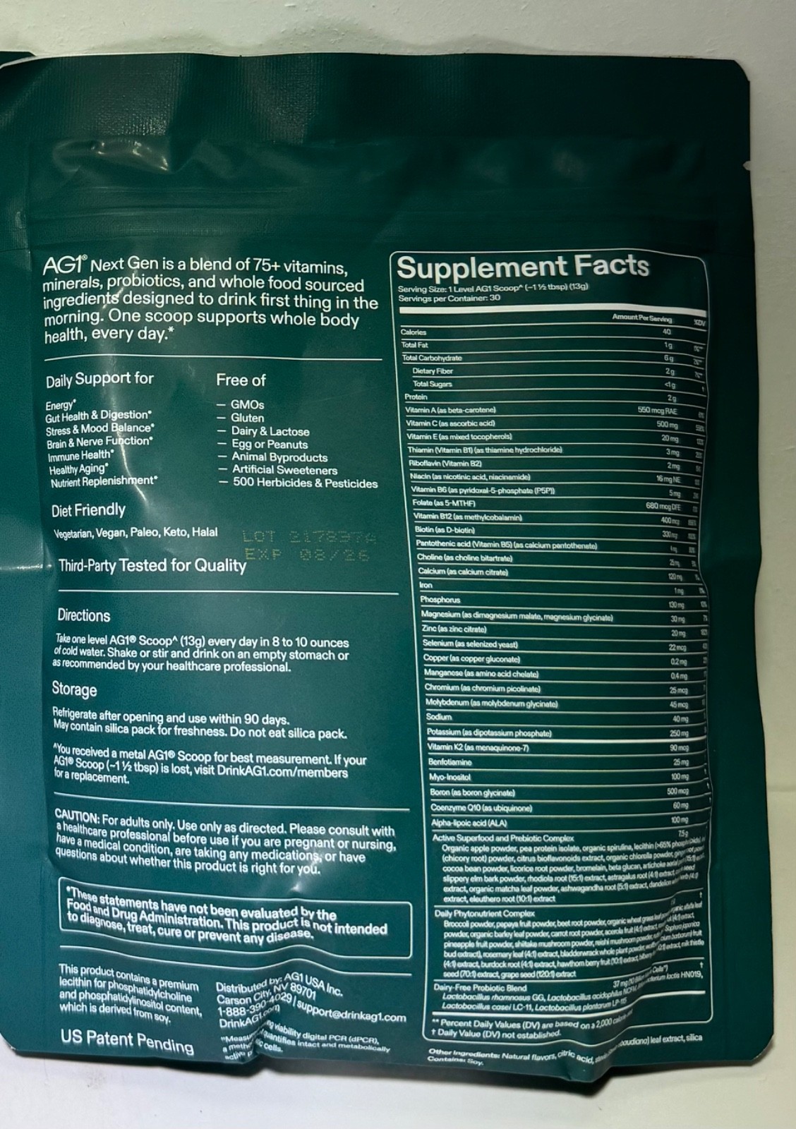 AG1 Athletic Greens PowderPouch 12.7oz/360g 30 Day Supply 1 Bag 08/2026