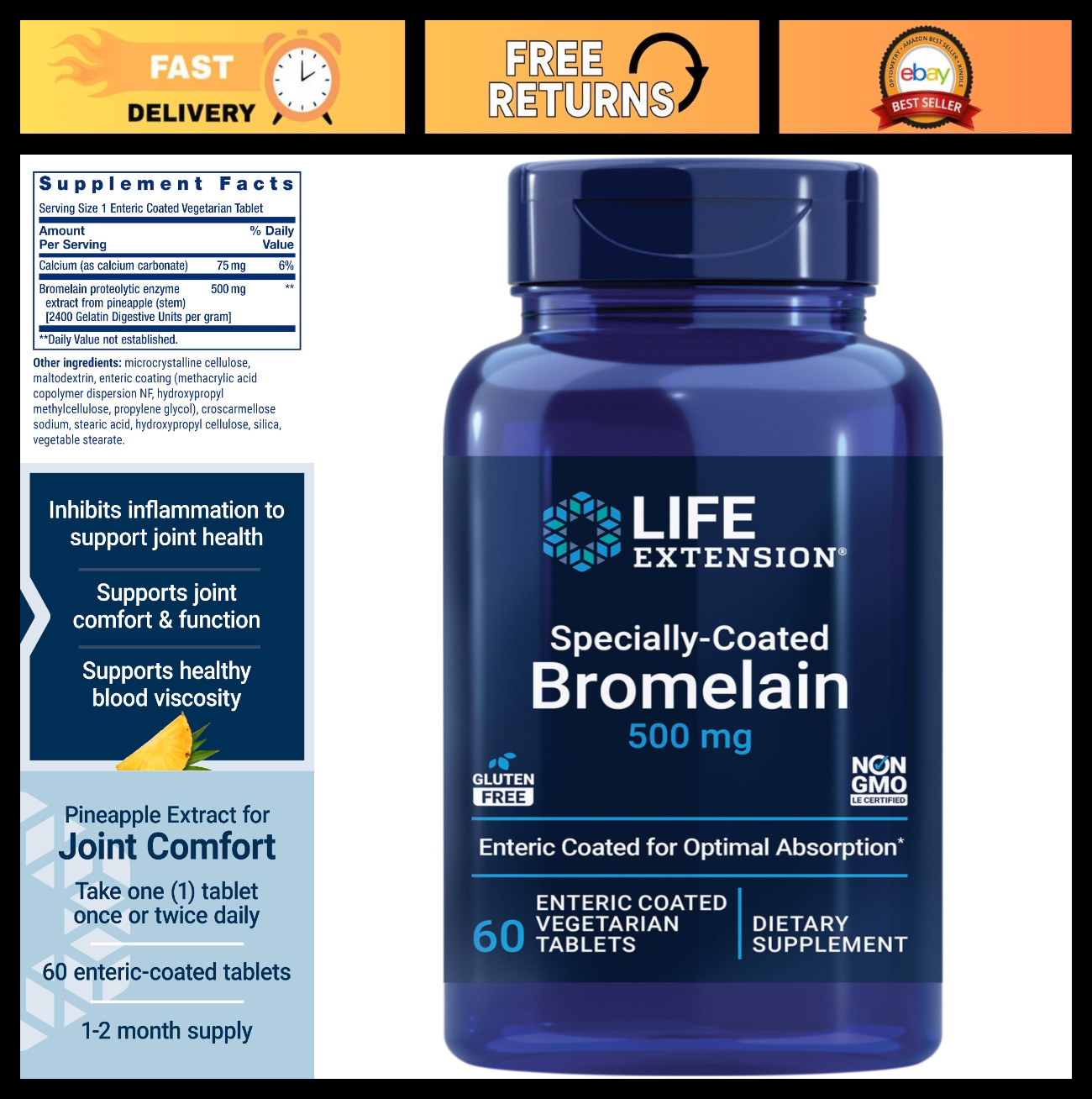 Bromelain Pineapple Extract 500mg – Joint Health & Comfort, Vegetarian, Gluten-F