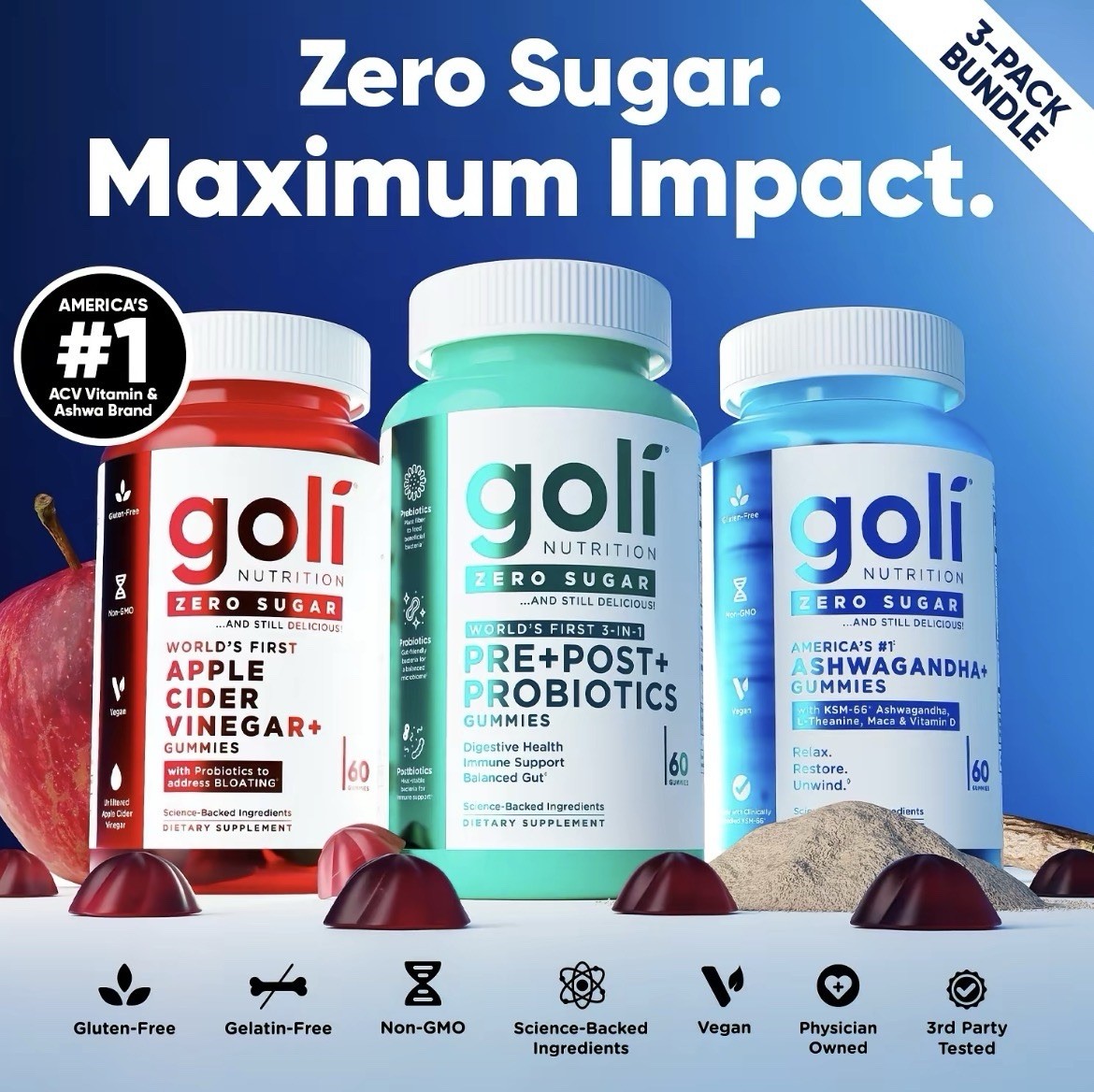 Goli Zero Sugar Trio Gummies Apple Cider Vinegar Ashwagandha Probiotic 3 Pack