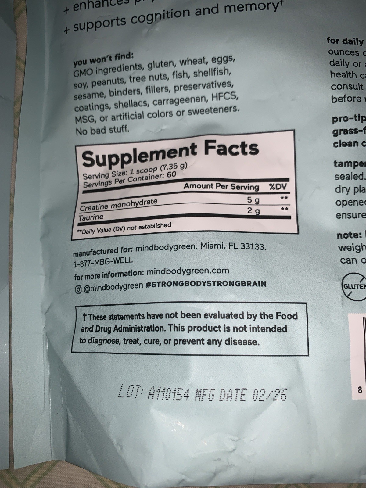 2 Units mindbodygreen Creatine+ with Taurine 60 Servings (total 120) Powder Bag