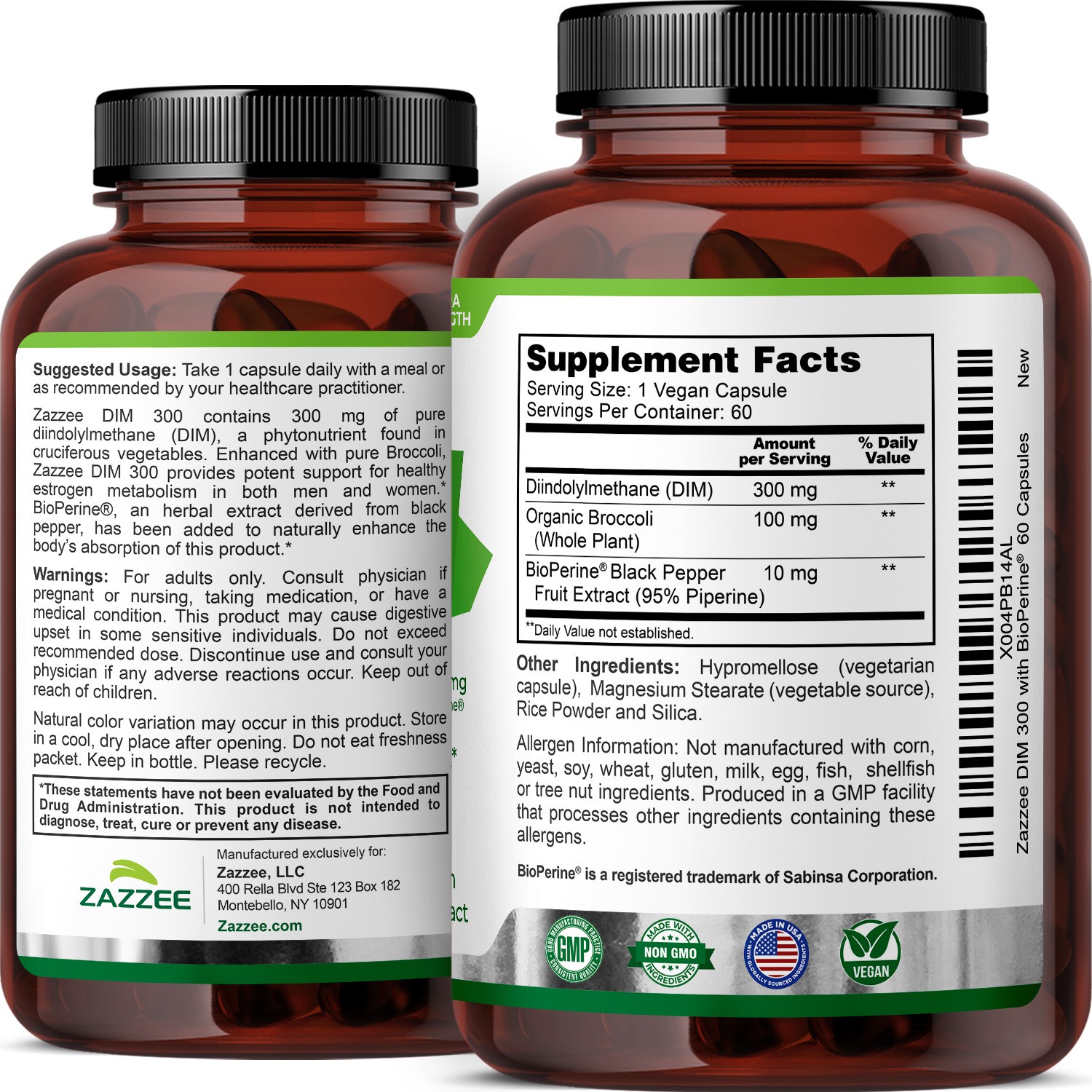 Zazzee DIM 300 mg Per Capsule, 60 Count, Plus 10 mg BioPerine, Estrogen Balance