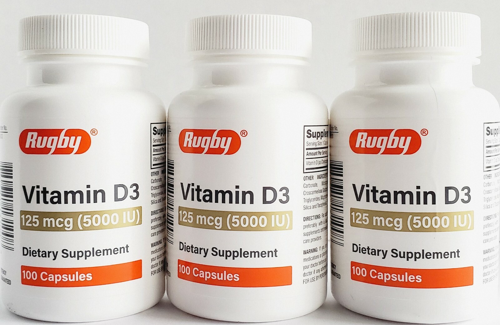 Rugby Vitamin D3 5000 IU (125mcg) 100 Capsules -3 Pack -Exp Date 05-2026