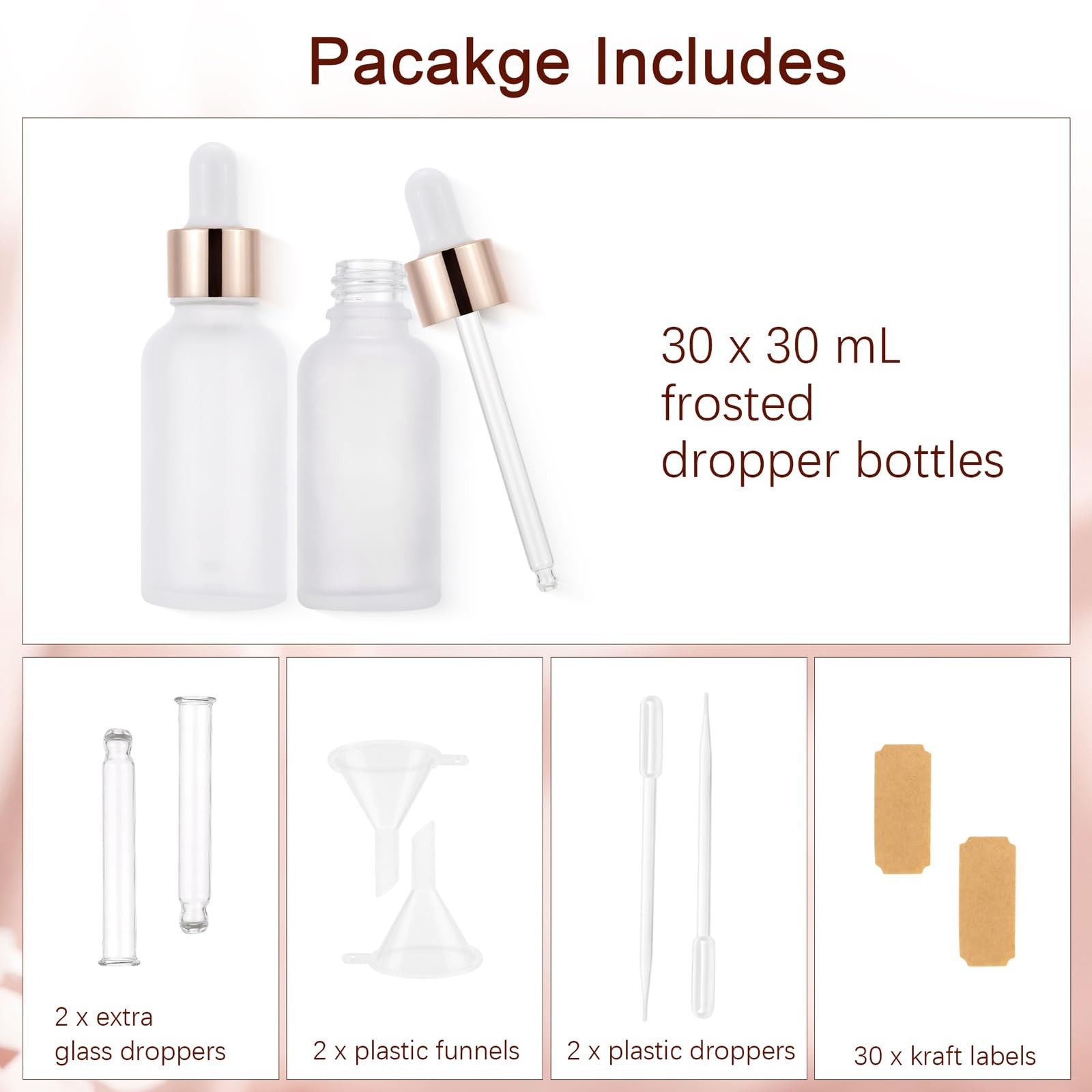 30 Pack 30ml Frosted Glass Sample Dropper Bottles, Rose Golden Caps | 1oz Eye…