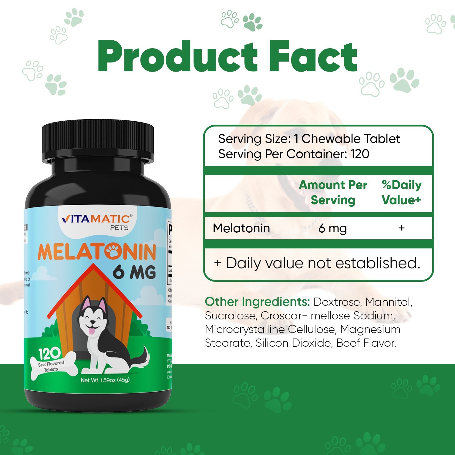 Vitamatic Melatonin for Dogs 6 mg 120 Beef Flavored Chewable Tablets