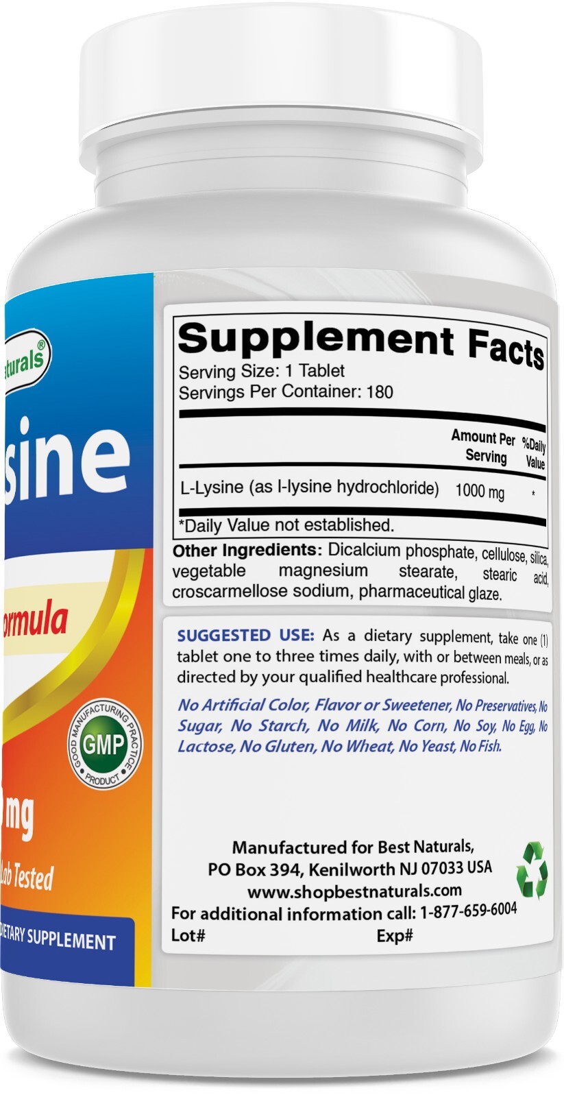 Best Naturals L-Lysine 1000 mg 180 Tablets