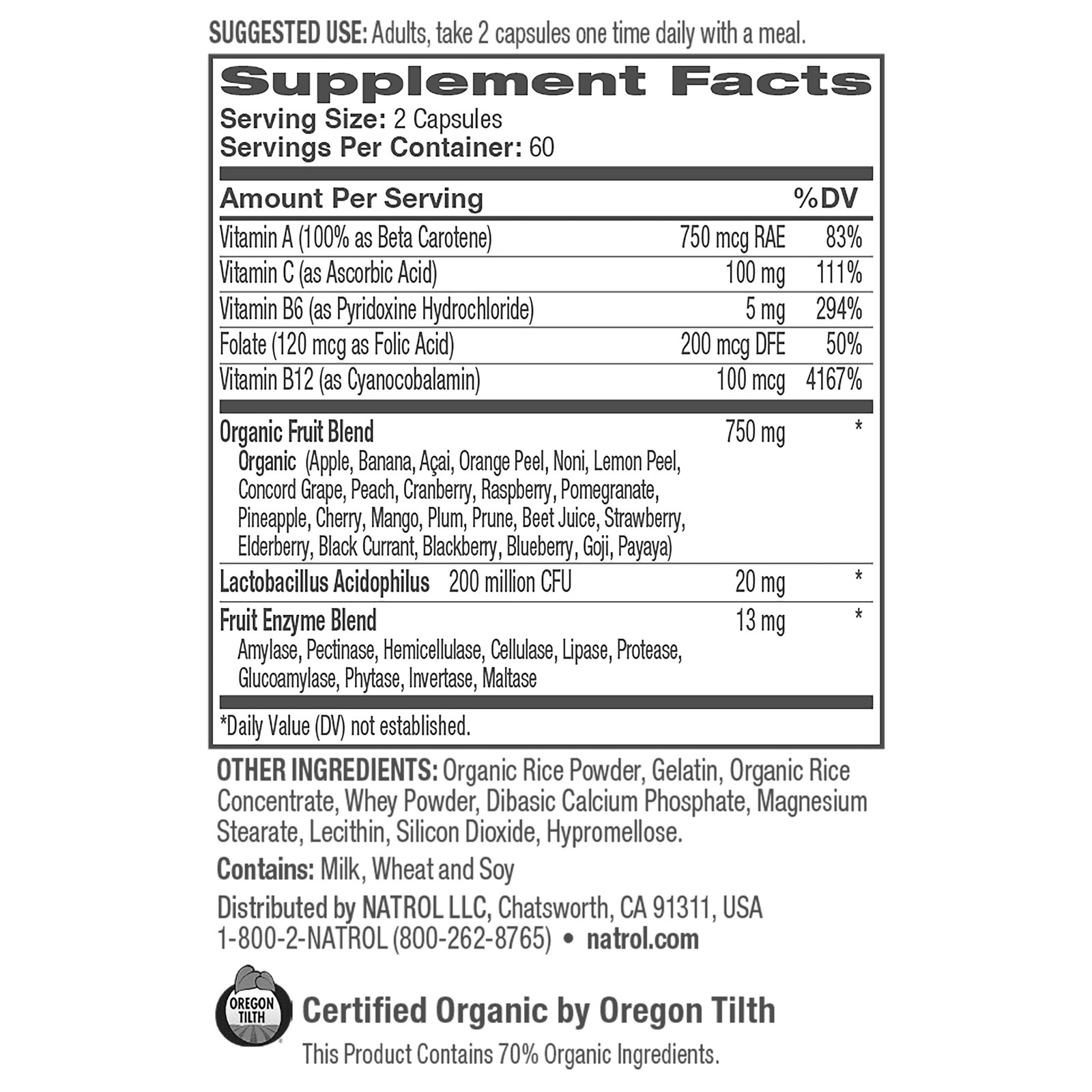 Natrol Juicefestiv Daily Fruit & Veggie, Certified Organic, 240 Capsules