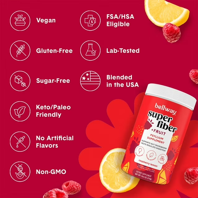 2 Bellway Super Fiber Fruit Psyllium Husk Fiber Supplement Raspberry Lemon 11/26